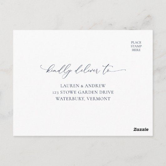 Elegant Navy Moderne Minimal Wedding RSVP Post Postkarte (Rückseite)