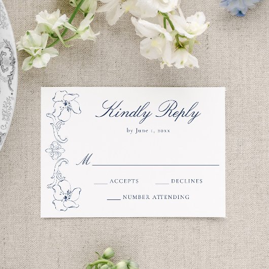 Elegant Navy Ornate Floral Frame Wedding RSVP Karte