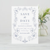 Elegant Navy Ornate Floral Frame Wedding Save The Date (Stehend Vorderseite)