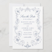 Elegant Navy Ornate Floral Frame Wedding Save The Date (Vorderseite)