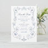 Elegant Navy Ornate Floral Frame Wedding Save The Date (Stehend Vorderseite)