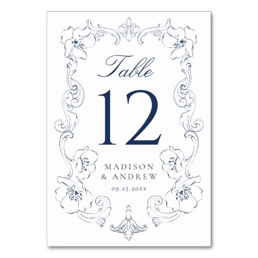 Elegant Navy Ornate Floral Frame Wedding Tischnummer (Vorderseite)