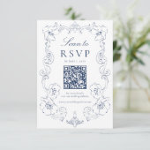 Elegant Navy Ornate Floral QR Code Wedding RSVP Karte (Stehend Vorderseite)