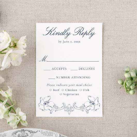 Elegant Navy Ornate Floral Wedding RSVP Karte