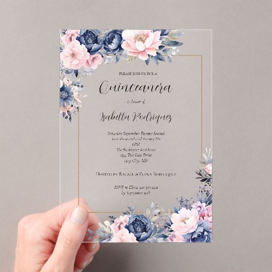 Elegant Navy Pink Floral Formal Quinceanera Acryleinladungen (Insitu (Handheld))