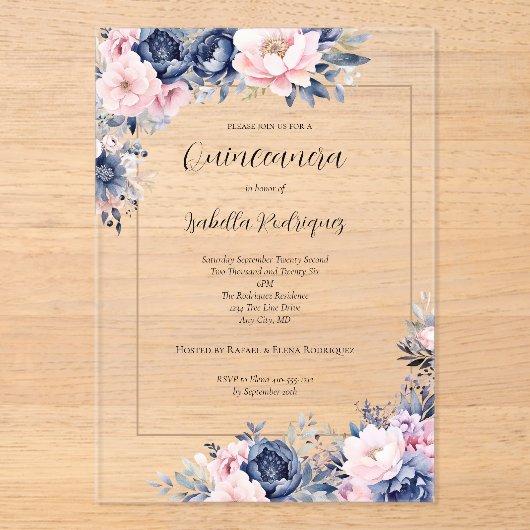 Elegant Navy Pink Floral Formal Quinceanera Acryleinladungen (Vorderseite)