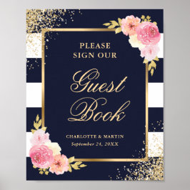 Elegant Navy Pink Floral Wedding Guest Book Sign Poster