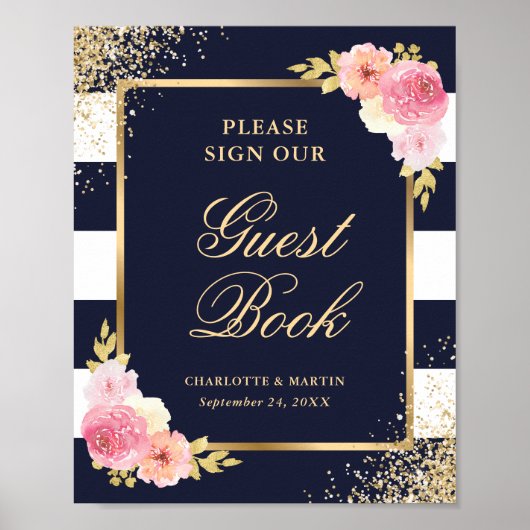Elegant Navy Pink Floral Wedding Guest Book Sign Poster (Vorne)