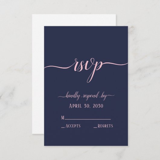 Elegant Navy Pink Script Minimal Wedding RSVP Karte (Vorne/Hinten)