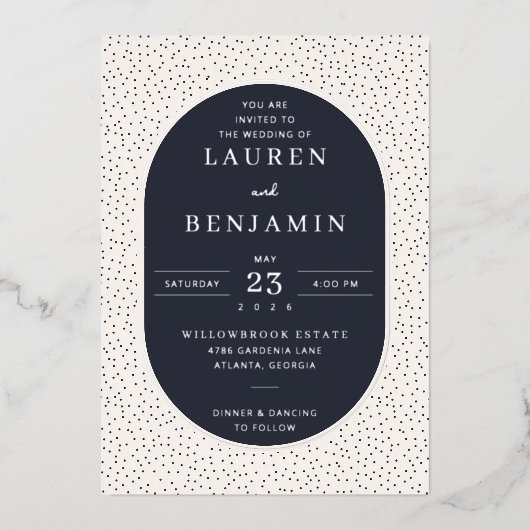 Elegant Navy Polka Dot Wedding Invitation Folieneinladung (Vorderseite)