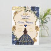 Elegant Navy Prinzessin White Floral Quiñceanera Einladung (Stehend Vorderseite)