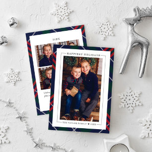 Elegant Navy Red Green Tartan Multi-Foto Plädoyer Feiertagskarte