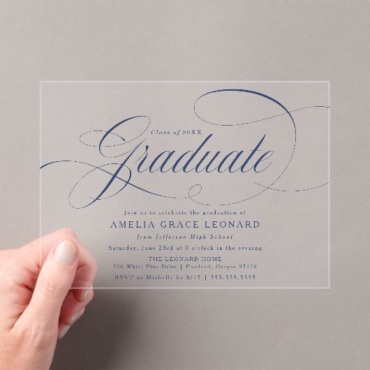 Elegant Navy Script Graduation Party Acryleinladungen (Insitu (Handheld))