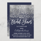 Elegant Navy Silver Glitzer Confetti Brautparty Einladung (Vorne/Hinten)