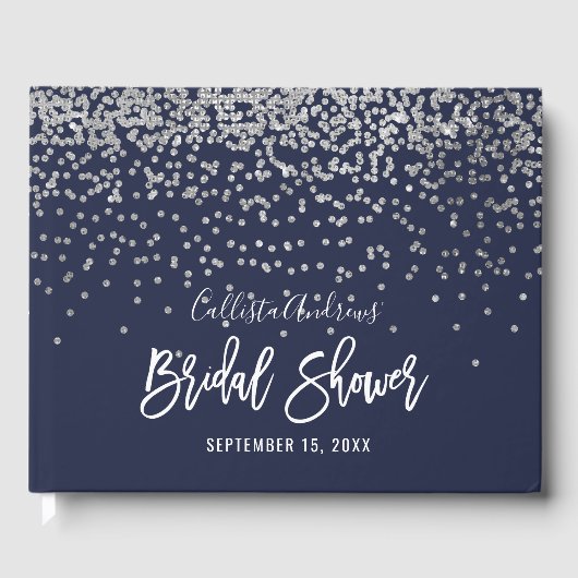 Elegant Navy Silver Glitzer Confetti Brautparty Gästebuch (Vorderseite)