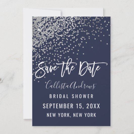 Elegant Navy Silver Glitzer Confetti Brautparty Save The Date (Vorderseite)