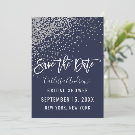 Elegant Navy Silver Glitzer Confetti Brautparty Save The Date (Stehend Vorderseite)