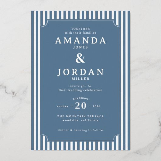 Elegant Navy Striped Wedding Invitation Folieneinladung (Vorderseite)