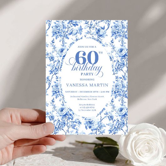 Elegant Navy Toile Roses 60th Birthday Invite Digi Einladung