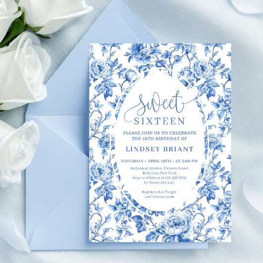Elegant navy toile roses digital birthday invite  einladung