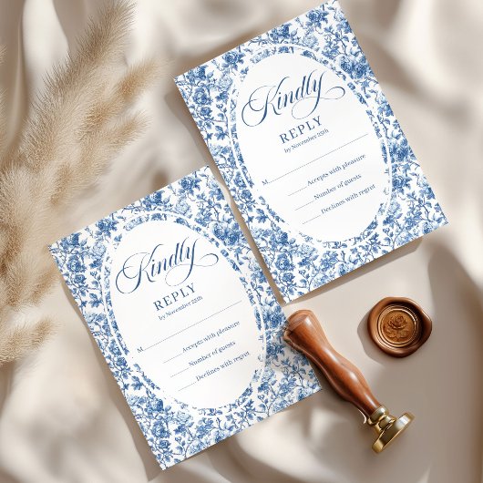 Elegant Navy Toile Roses Wedding RSVP Card  Karte