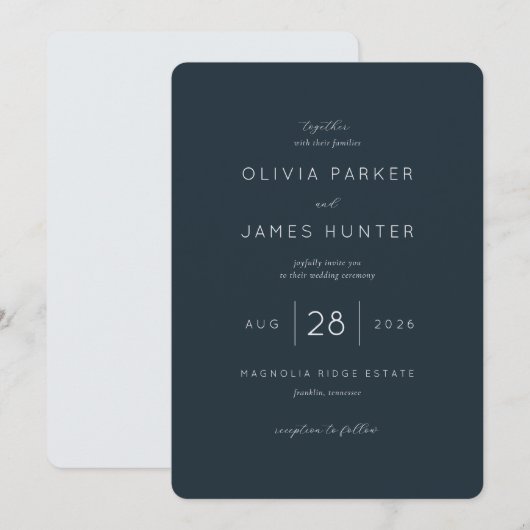 Elegant Navy Typographic Wedding Einladung (Vorne/Hinten)