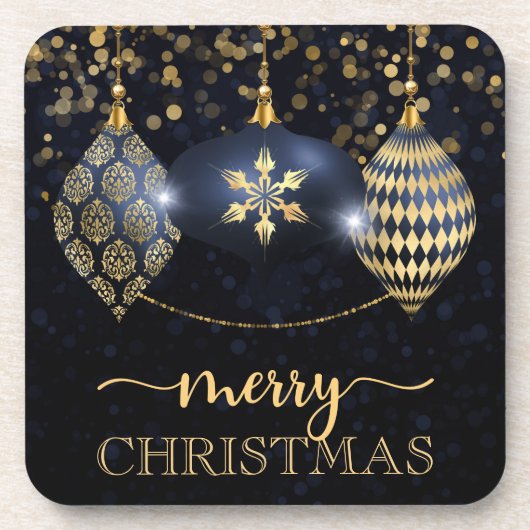 Elegant Navy und Gold Bauble Frohe Weihnachten Getränkeuntersetzer (Vorderseite)