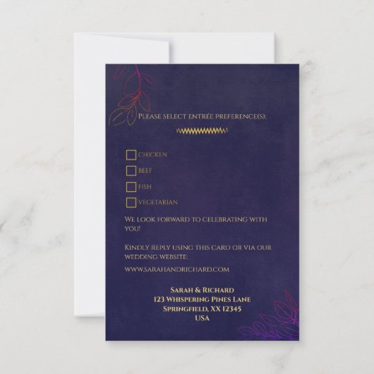 Elegant Navy Velvet Gold Accents Wedding RSVP (Rückseite)
