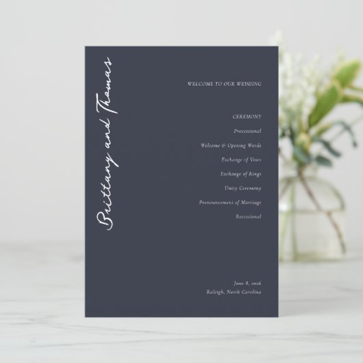Elegant Navy Wedding Ceremony Program Programm (Stehend Vorderseite)