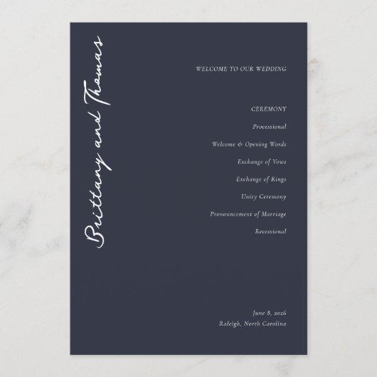 Elegant Navy Wedding Ceremony Program Programm (Vorderseite)