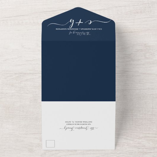 Elegant Navy White Foto Monogram Wedding RSVP All In One Einladung (Außenbereich)
