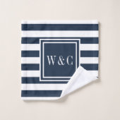 Elegant Navy White Stripe Monogram Badhandtuch Set (Waschlappen)