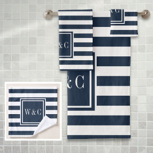Elegant Navy White Stripe Monogram Badhandtuch Set