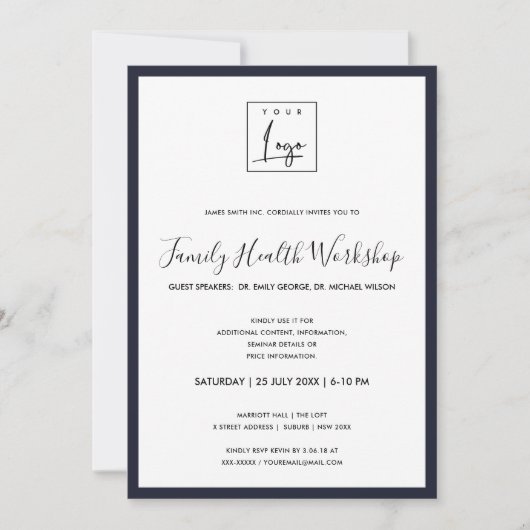 ELEGANT NAVY WHITE YOUR LOGO WORKSHOP EREIGNIS DIN EINLADUNG (Vorderseite)
