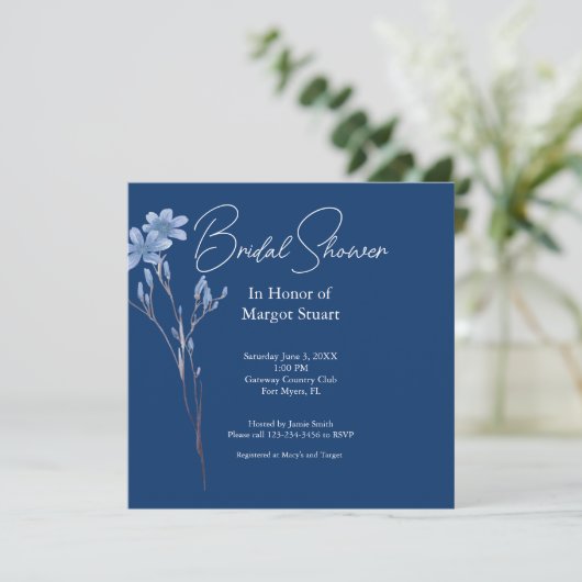 Elegant Navy Wildblume White Script Brautparty (Stehend Vorderseite)