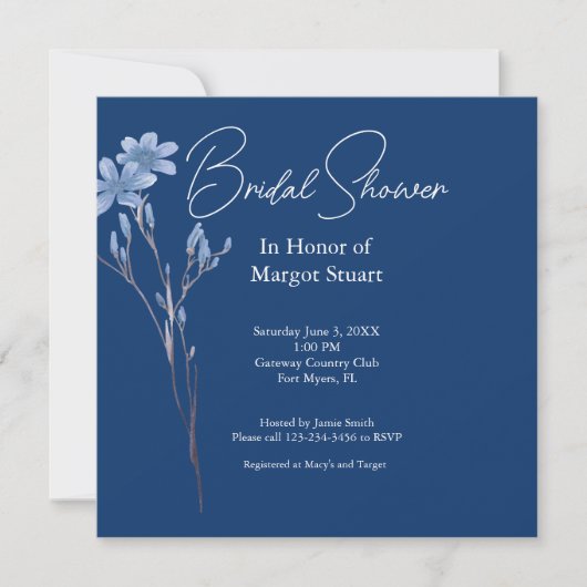 Elegant Navy Wildblume White Script Brautparty (Vorderseite)