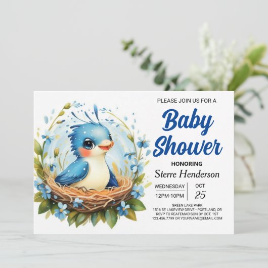Elegant Nest Woodland Bird Boy Baby Shower Einladung (Stehend Vorderseite)