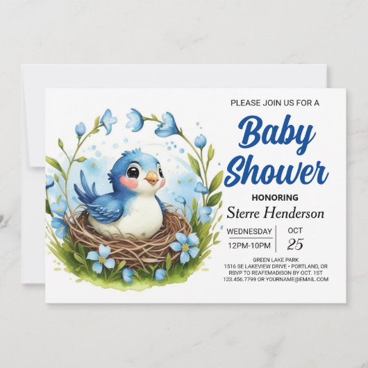 Elegant Nest Woodland Bird Boy Baby Shower Einladung (Vorderseite)