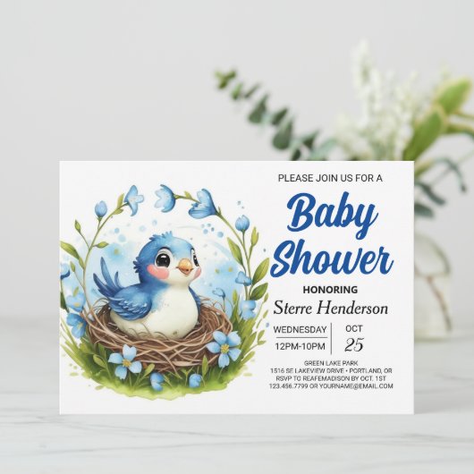 Elegant Nest Woodland Bird Boy Baby Shower Einladung (Stehend Vorderseite)