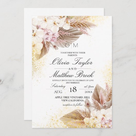 Elegant Neutral Boho Pampas Wedding Einladung (Vorne/Hinten)