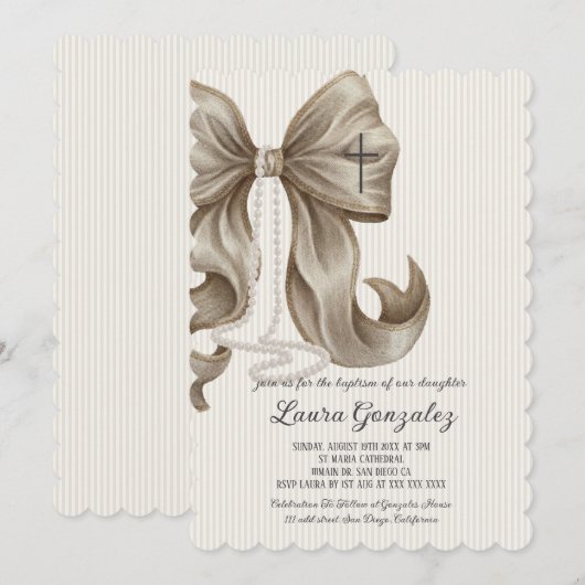 Elegant Neutral Striped Bow Baptism Einladung (Vorne/Hinten)