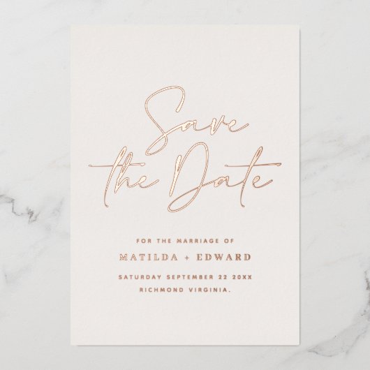Elegant Neutral Wedding Save The Date Script Folieneinladung (Vorderseite)
