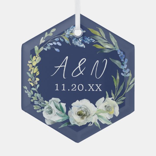 Elegant New Geschenk Custom Blue Floral Weihnachte Ornament Aus Glas (Vorderseite)