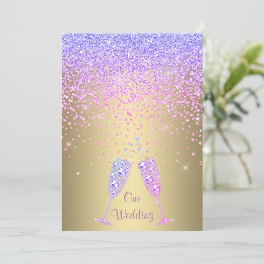 ELEGANT New kristall diamond wedeln lila Gold Einladung (Stehend Vorderseite)