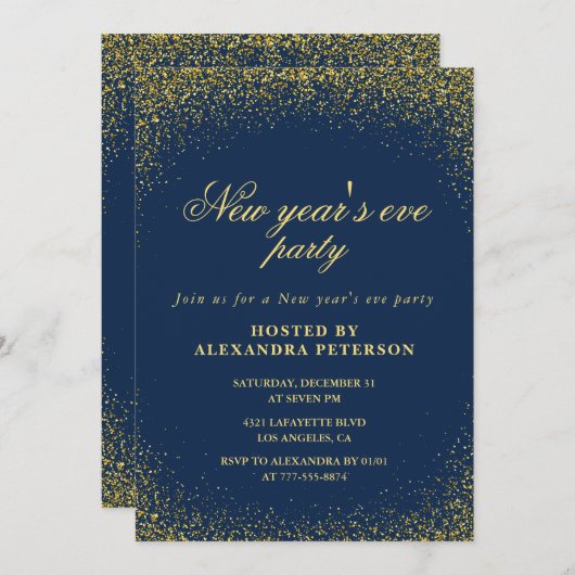 Elegant New Year's eve Einladung Gold Navy Glam (Vorne/Hinten)