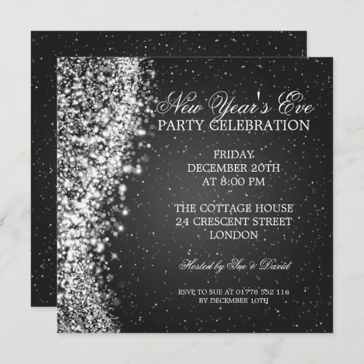 Elegant New Years Eve Invitation Sparkle Black Einladung (Vorne/Hinten)