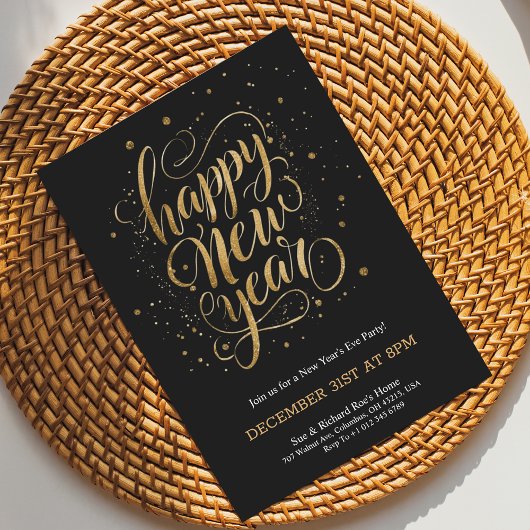 Elegant New Year's Eve invitation with gold script Einladung