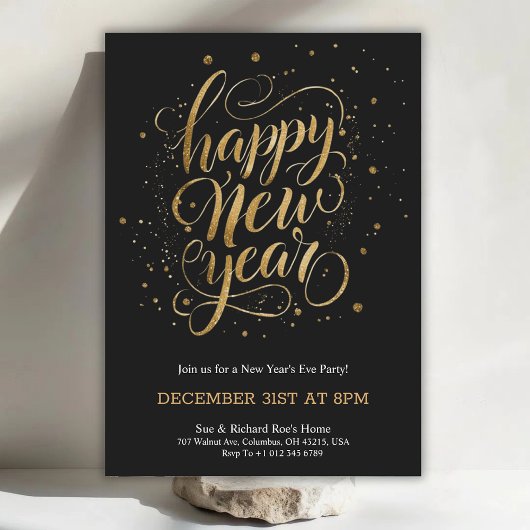 Elegant New Year's Eve invitation with gold script Einladung