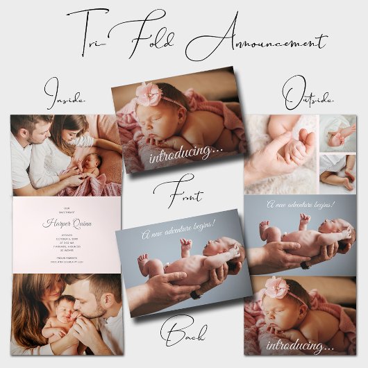 Elegant Newborn Foto Collage Dreifach Gefaltete Ankündigung