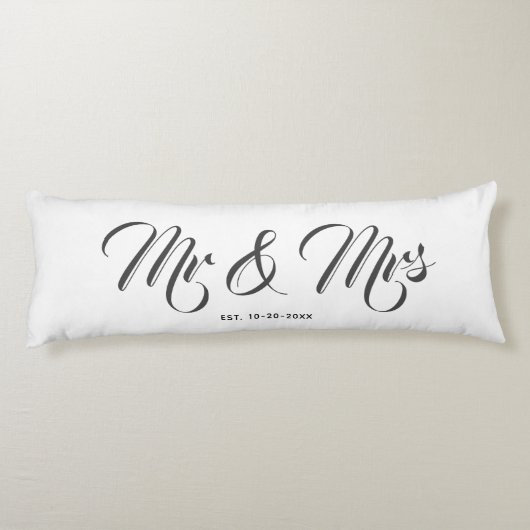 Elegant Newlyweds Mr. und Mrs. White Gray Script Seitenschläferkissen (Rückseite)